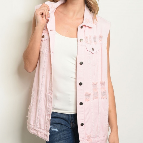 LAST 1! DISTRESSED DENIM VEST IN PINK - Picture 2 of 6